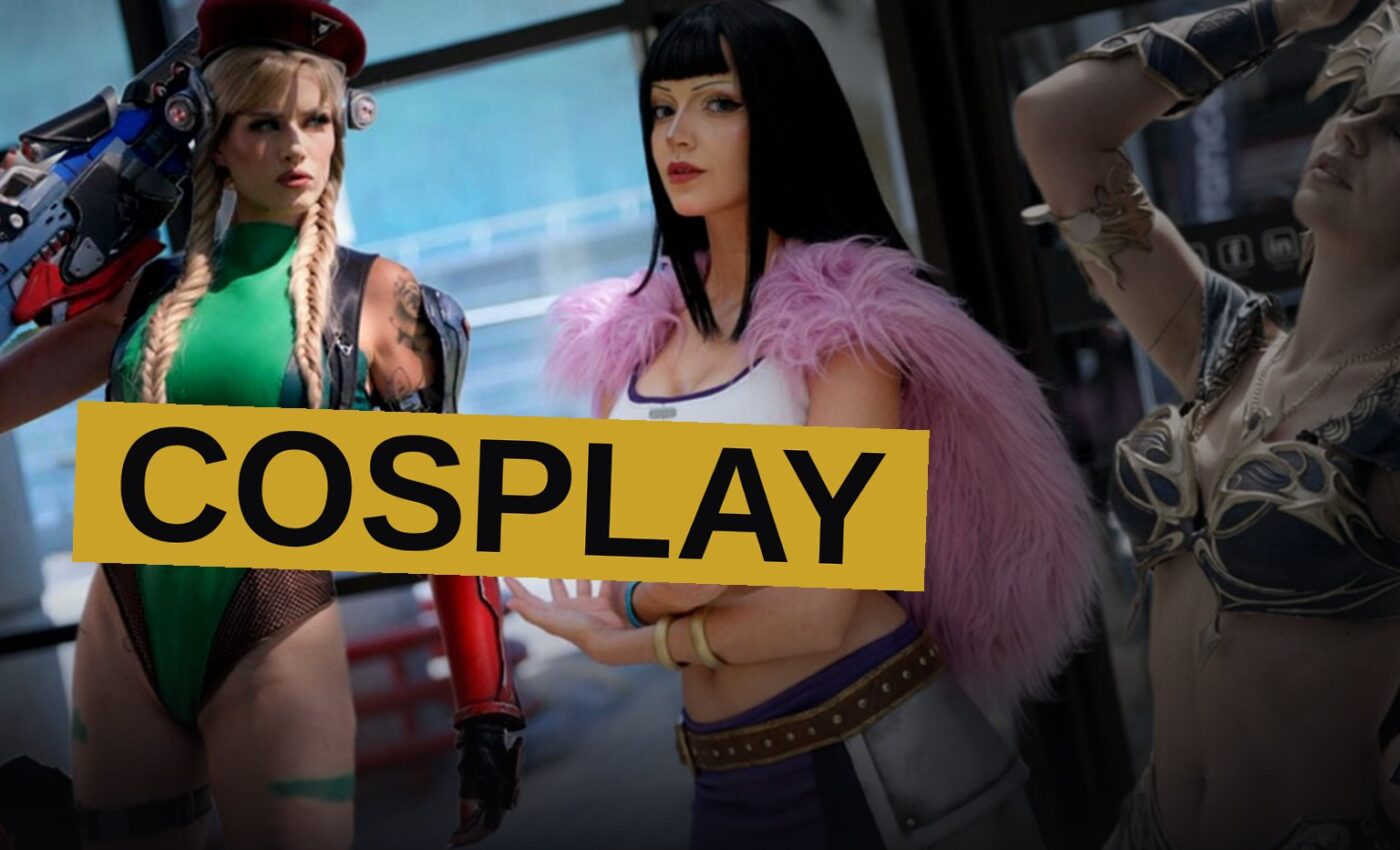 Cosplayers in detailed costumes pose together at a convention, surrounded by crowds and booths.