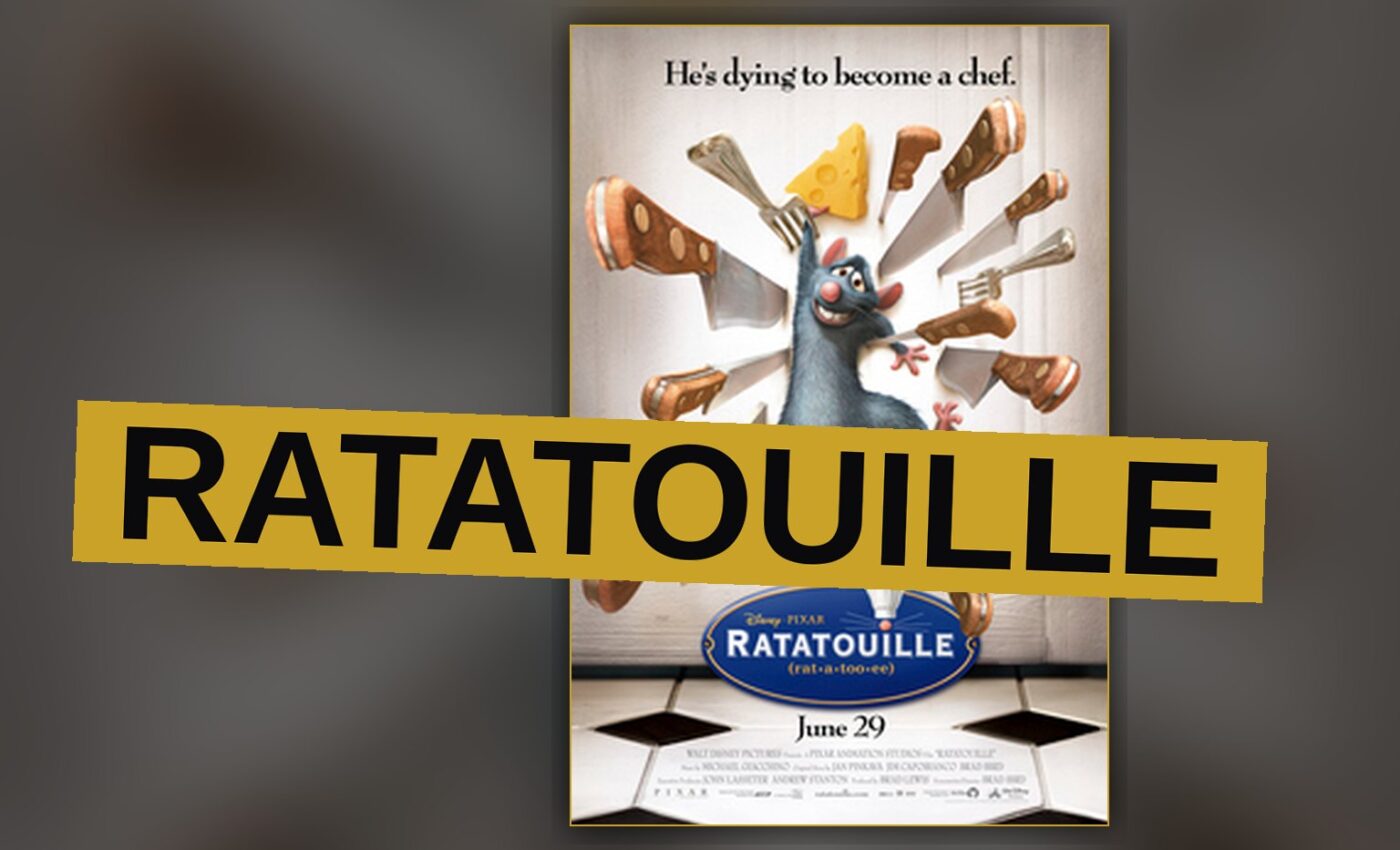 A cartoon rat wearing a chef's hat gazes at a tray of sliced vegetables in a sunlit kitchen.