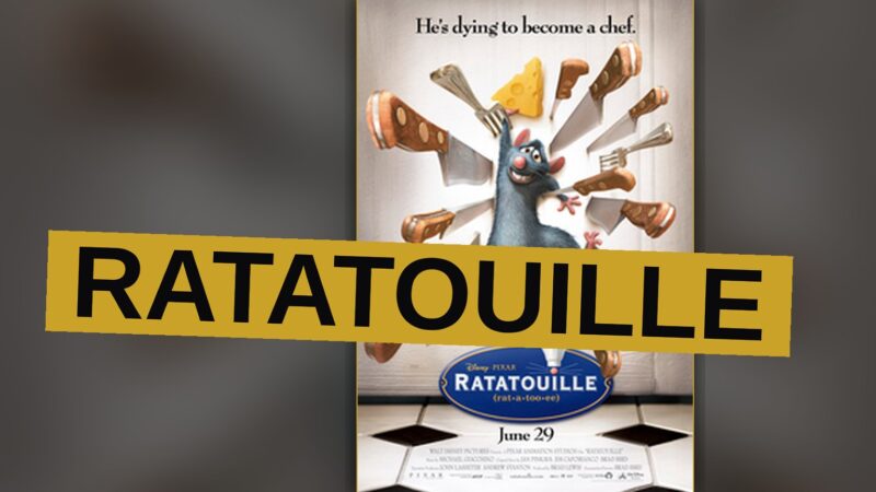 A cartoon rat wearing a chef's hat gazes at a tray of sliced vegetables in a sunlit kitchen.