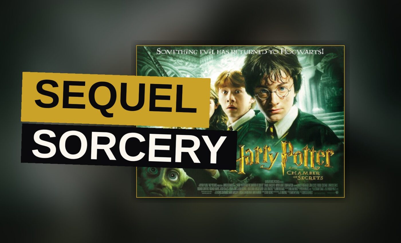 A young wizard confronts a giant serpent in a dark, ancient chamber while a magical bird flies overhead.