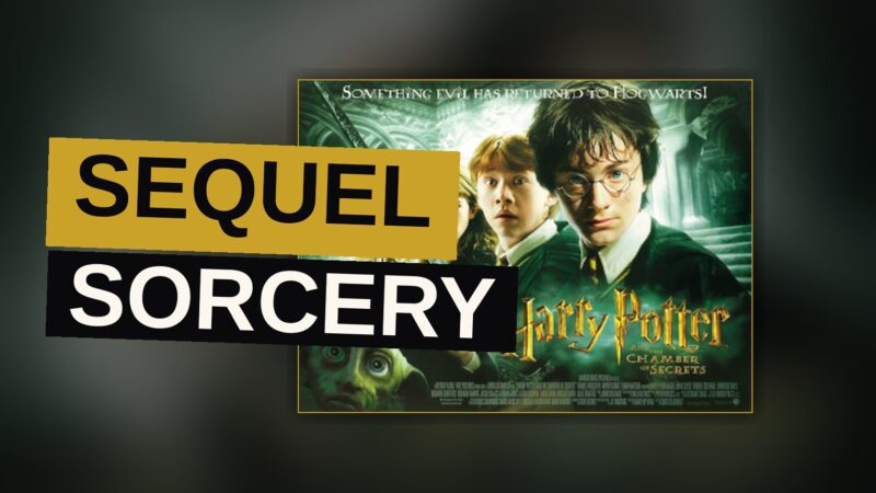 A young wizard confronts a giant serpent in a dark, ancient chamber while a magical bird flies overhead.
