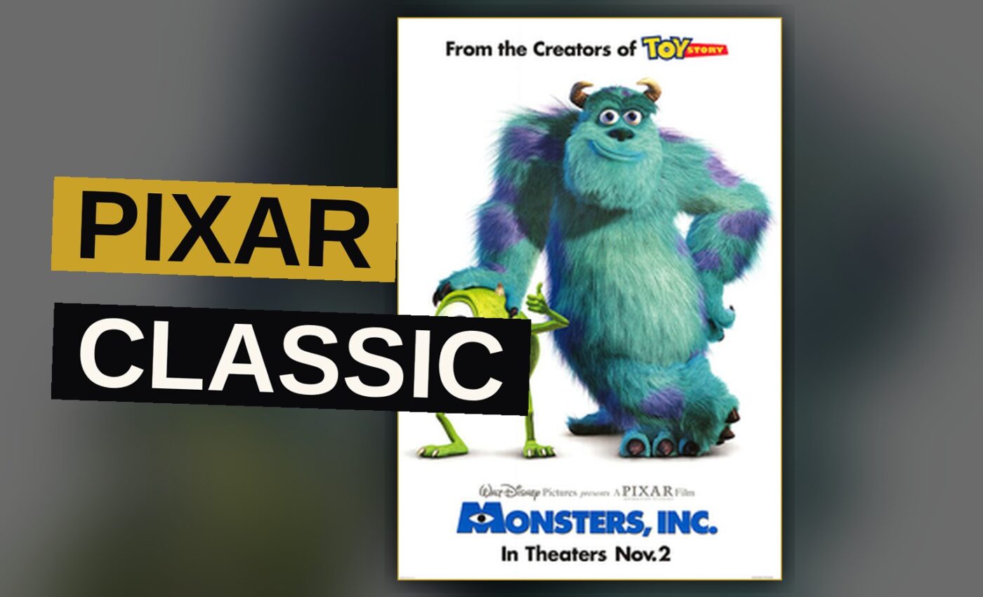 A large blue monster holds a laughing child while a small green one-eyed monster stands beside them in a bedroom.