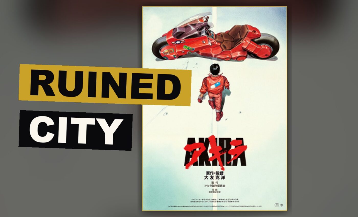 A rider on a red motorcycle races through the wide, ruined streets of a wasted city under glowing lights.