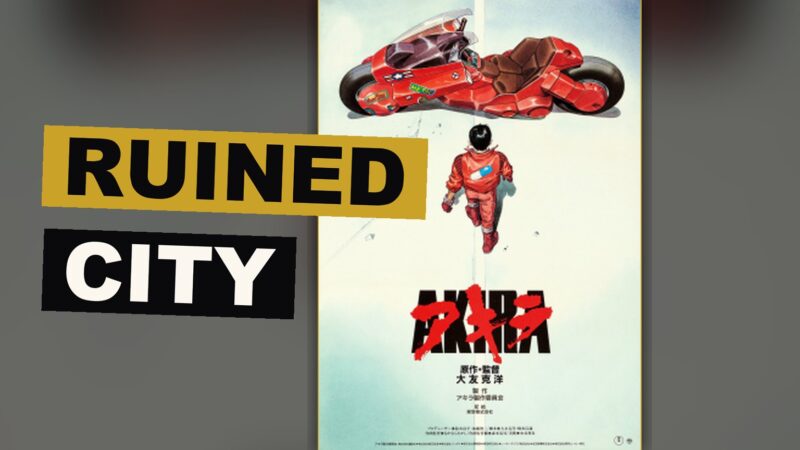 A rider on a red motorcycle races through the wide, ruined streets of a wasted city under glowing lights.