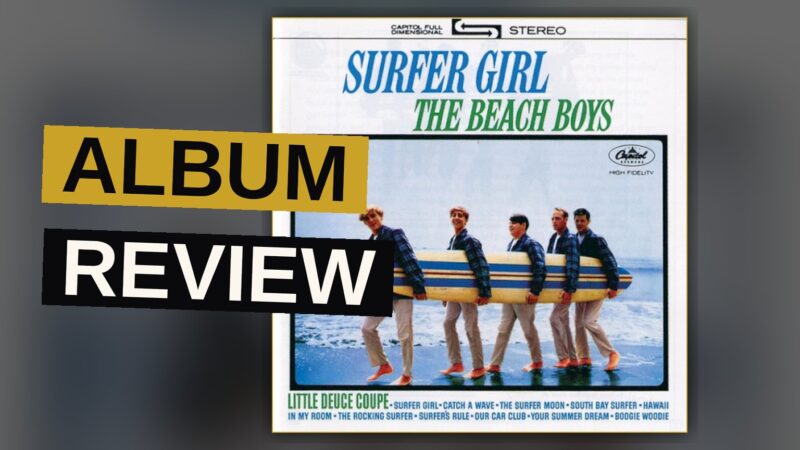 A young woman with blonde hair carries a surfboard on a sunny beach, evoking a 1960s album cover.