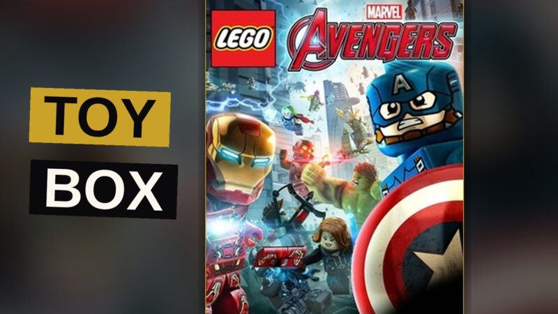 Superheroes fly over a bright Lego cityscape.