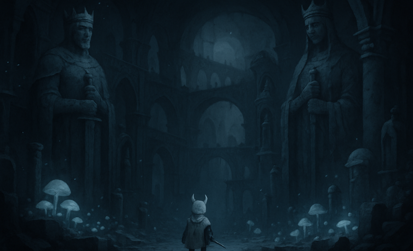 A small knight, robed in white, stands amid the ruined and melancholy chambers of a forgotten kingdom of stone.