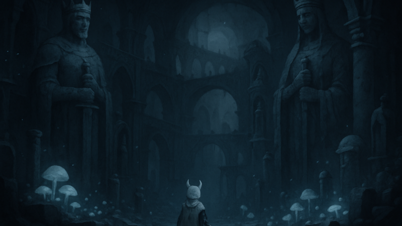 A small knight, robed in white, stands amid the ruined and melancholy chambers of a forgotten kingdom of stone.