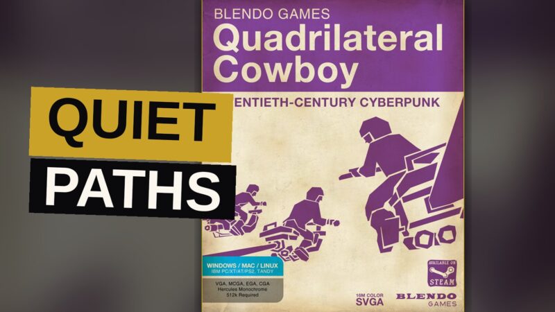 A young hacker stands before a grid of glowing quadrilaterals within a vast, silent corporate compound.