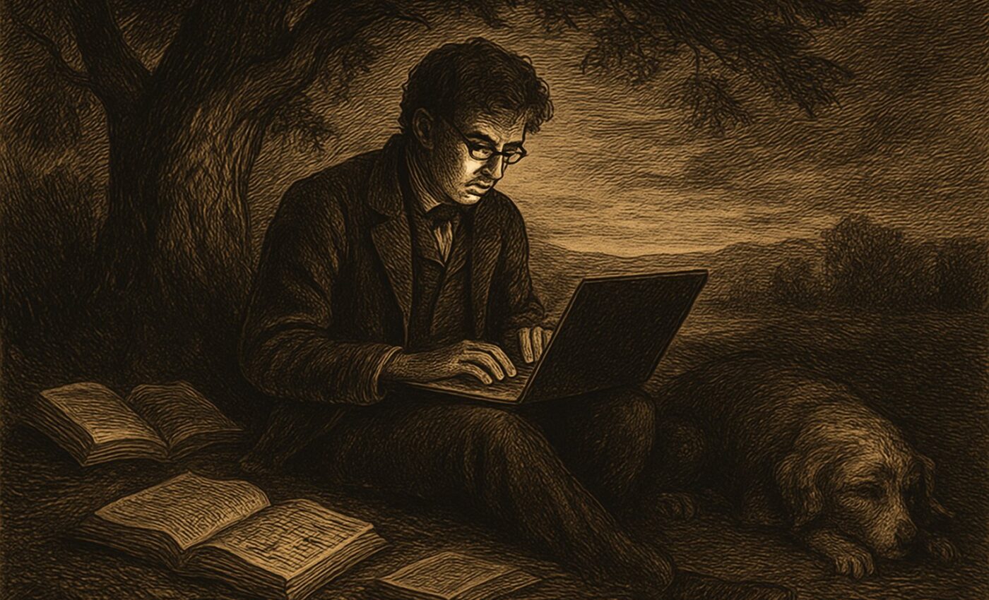 A man of letters sits amid books and figures beneath a country tree, seeking to clear the fog from his mind.