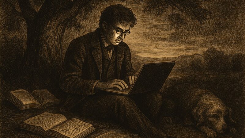 A man of letters sits amid books and figures beneath a country tree, seeking to clear the fog from his mind.