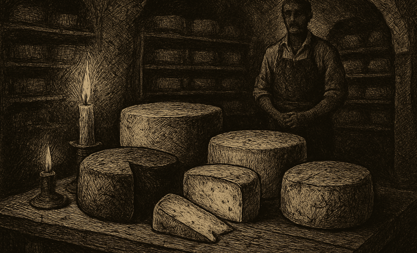 Artisan cheese wheels rest on a wooden table inside a cheese cave, with a cheesemaker working in the background.