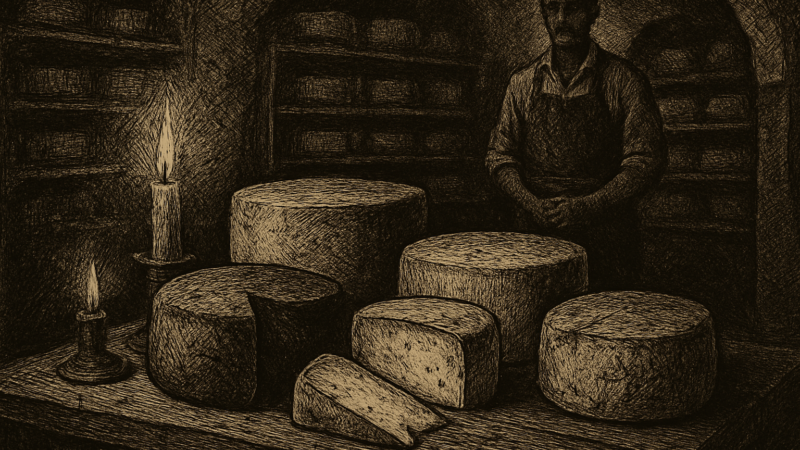 Artisan cheese wheels rest on a wooden table inside a cheese cave, with a cheesemaker working in the background.