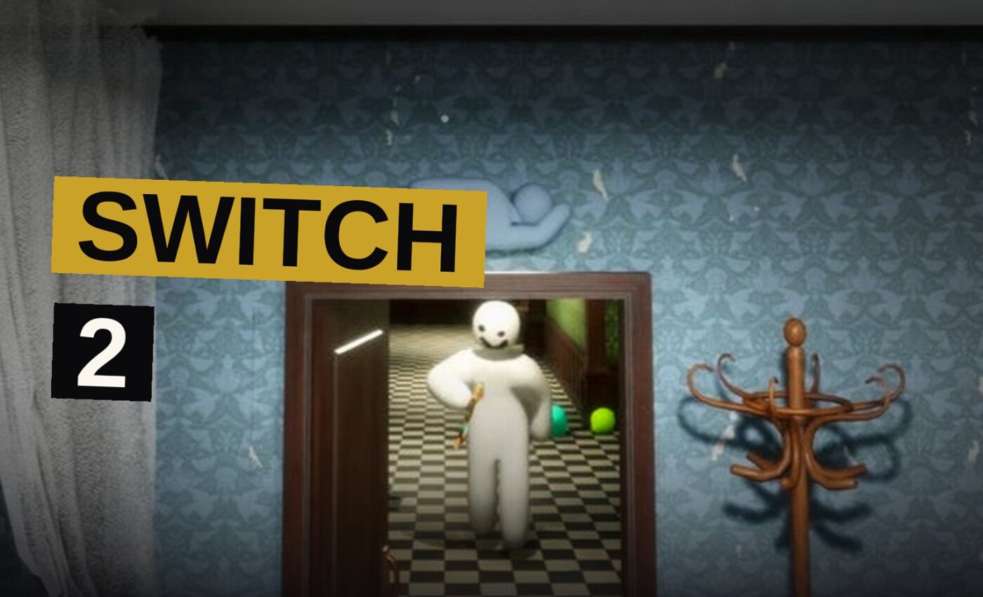 A cartoon chameleon character blends into a colorful wall while a Nintendo Switch 2 console sits nearby.