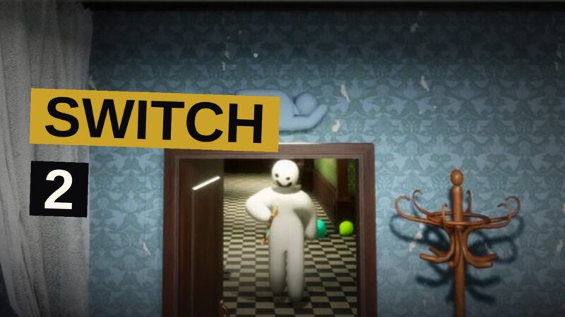 A cartoon chameleon character blends into a colorful wall while a Nintendo Switch 2 console sits nearby.