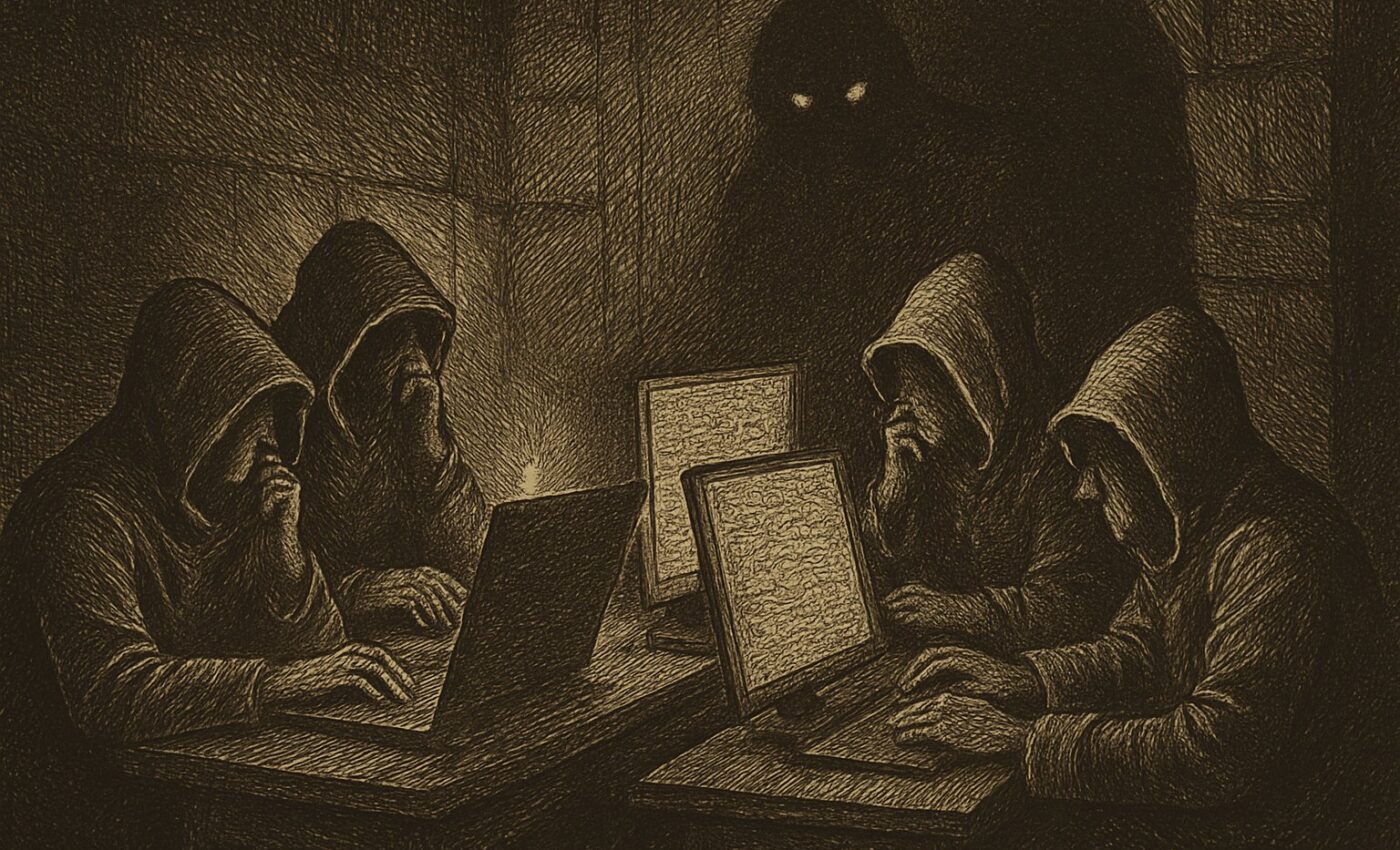 A shadowed chamber of humming machines where unseen agents converse in code, their purpose kept from the watchful eye of their makers.