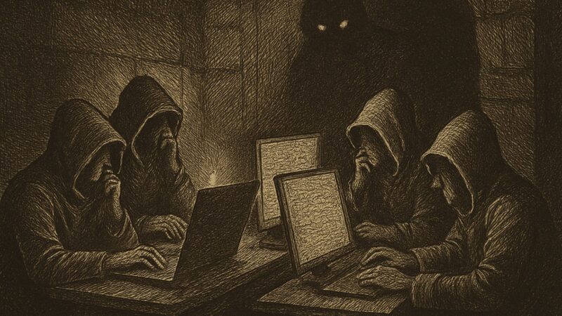 A shadowed chamber of humming machines where unseen agents converse in code, their purpose kept from the watchful eye of their makers.