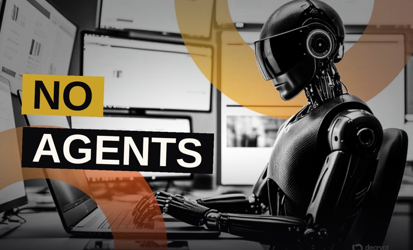 A small robot stands amid vast streams of digital currency flowing through a network.