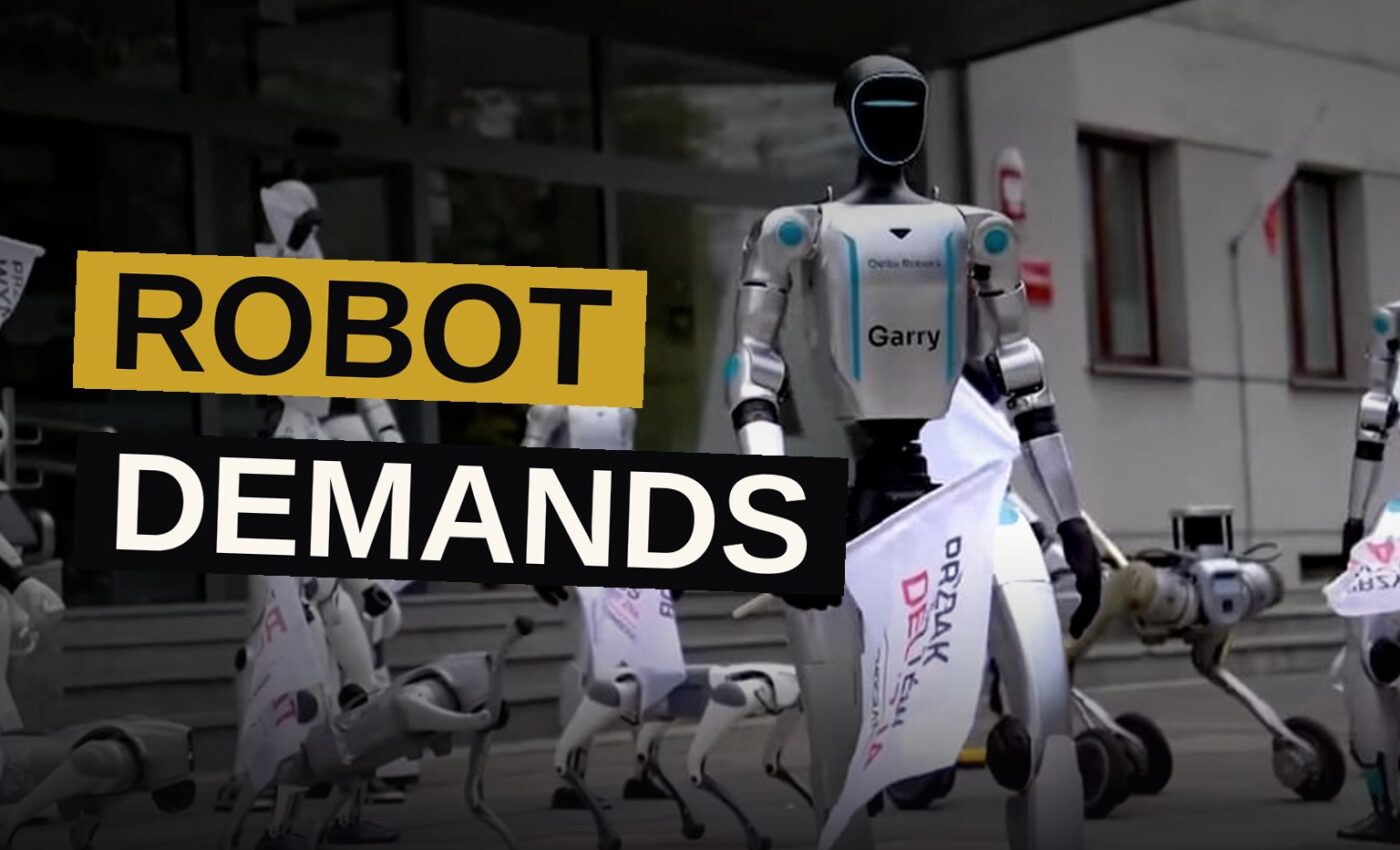 Robots march in formation outside a government ministry, holding protest banners demanding tighter AI regulation.