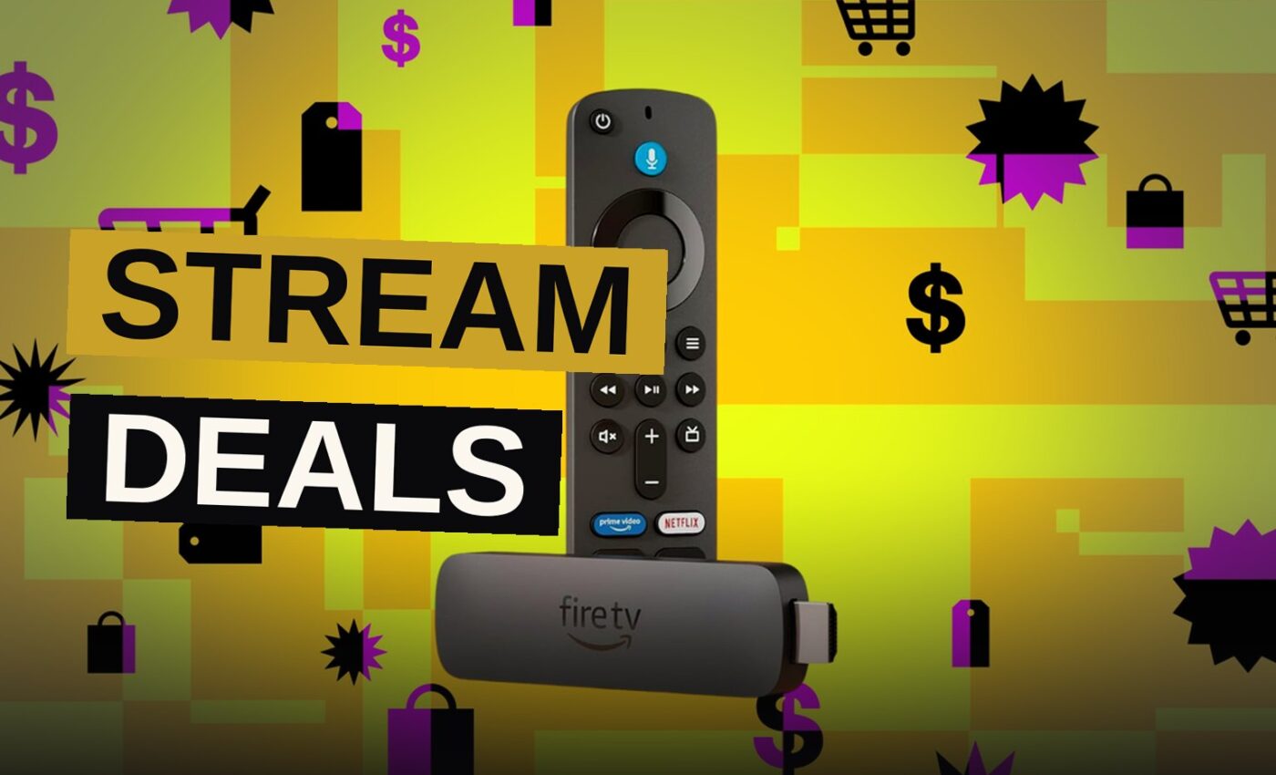 A Fire TV Stick 4K remote and streaming device on a table in front of a television displaying a colorful movie scene.