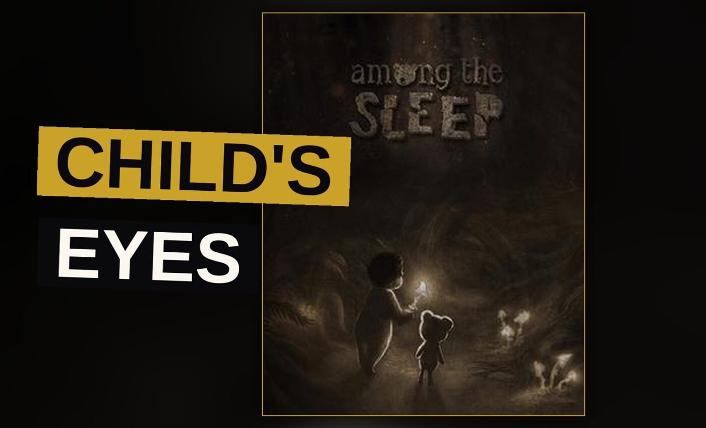 A small child walks through a narrow, shadowy hallway lit by faint light.