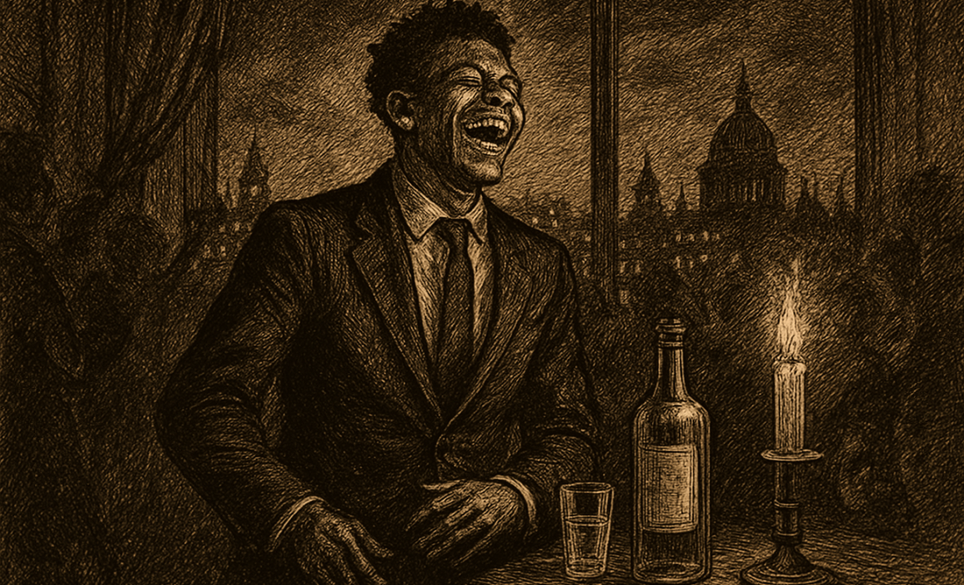 A grinning footballer holds court at a lively London party while old friends look on with fond amusement.