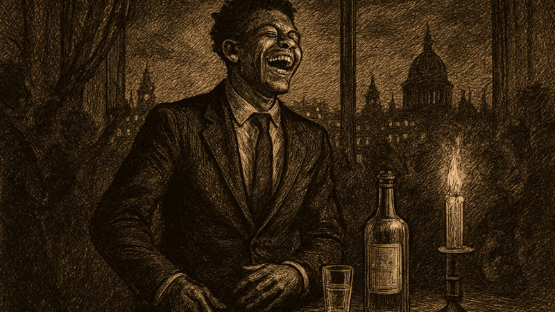 A grinning footballer holds court at a lively London party while old friends look on with fond amusement.