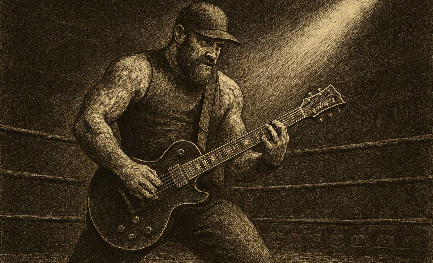 A solitary light falls upon an empty ring and a silent guitar, as though marking the absence of a soul who once ruled both.
