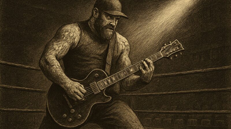 A solitary light falls upon an empty ring and a silent guitar, as though marking the absence of a soul who once ruled both.