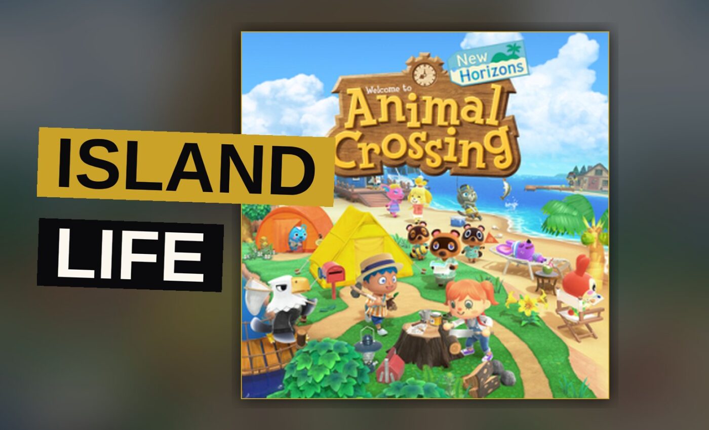 A colorful illustration of an Animal Crossing-style island village at sunset with animal villagers and a player character.