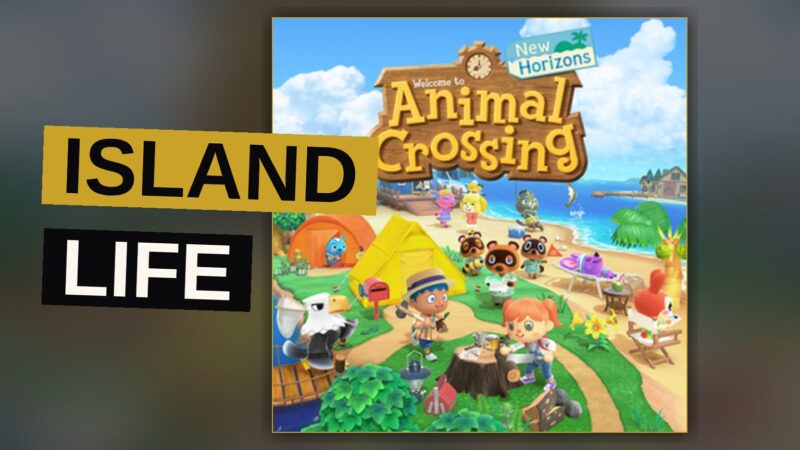 A colorful illustration of an Animal Crossing-style island village at sunset with animal villagers and a player character.