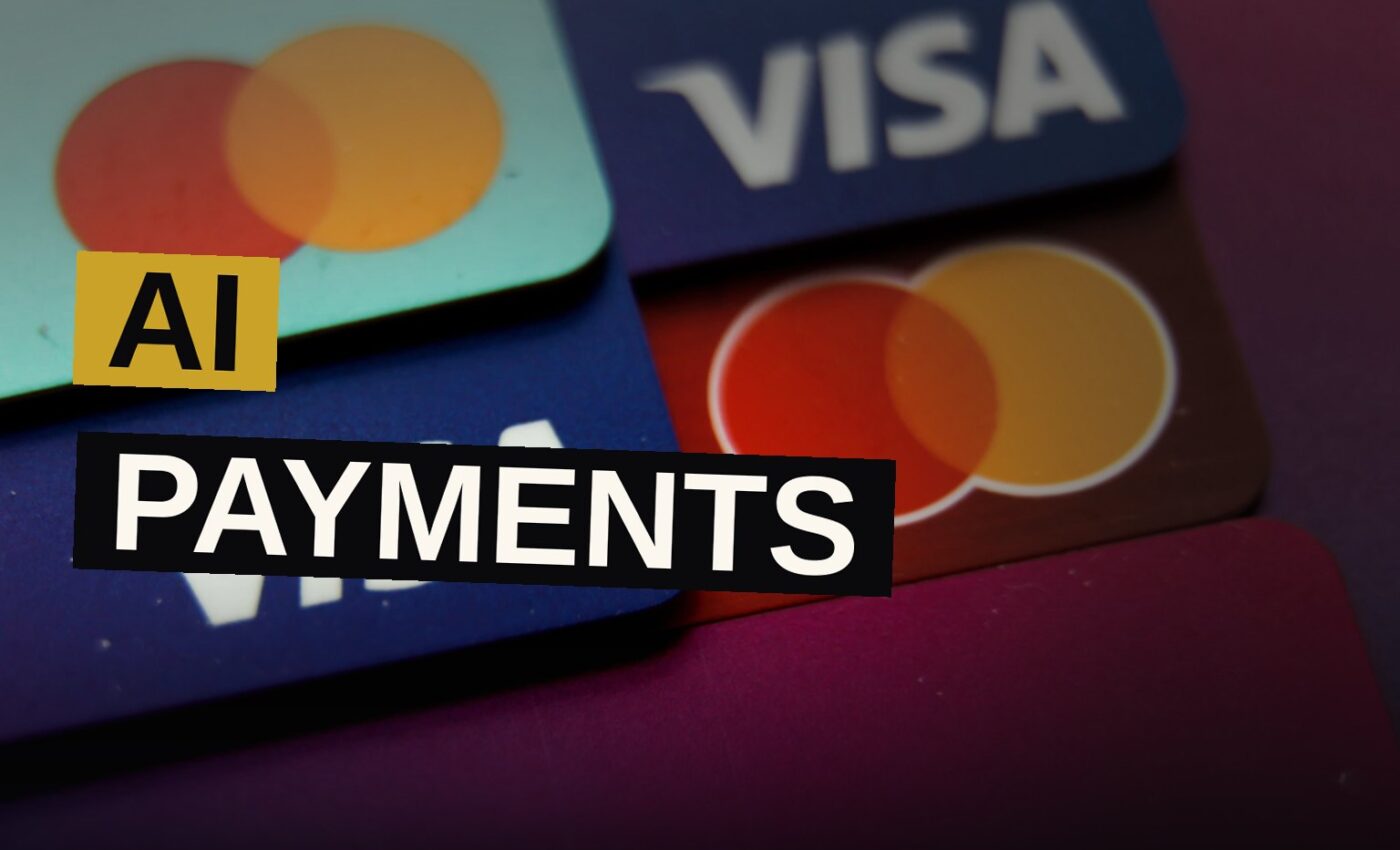 A human hand and an AI hand shake in front of a glowing blue digital payment network background.