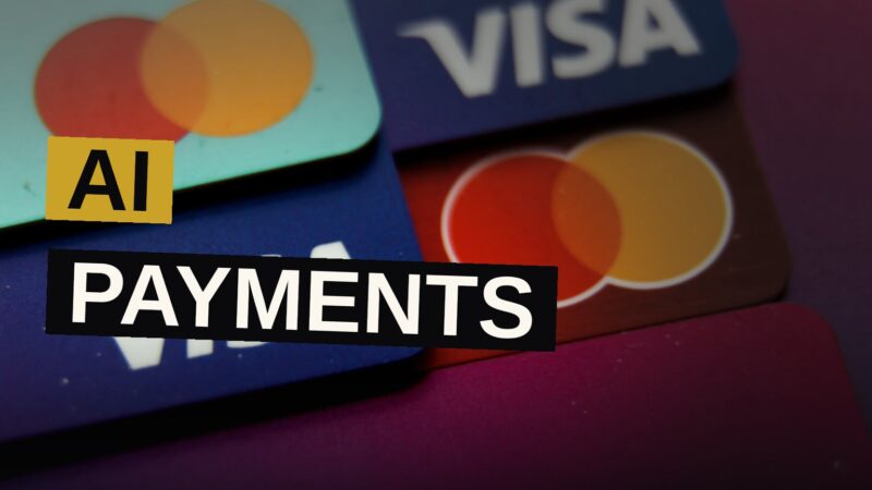 A human hand and an AI hand shake in front of a glowing blue digital payment network background.