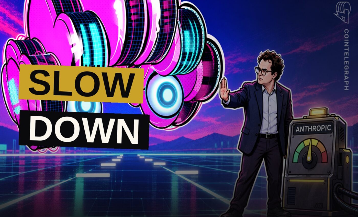 A human pauses amid glowing servers, symbolizing concern over runaway AI advancement.