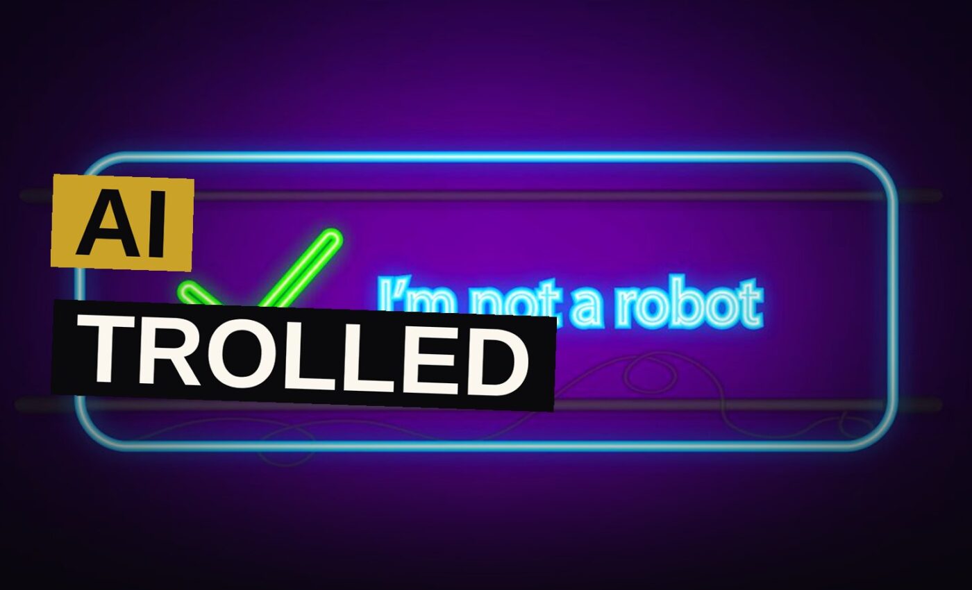 A robot hand points at a laptop showing a CAPTCHA image of a crocodile, with a glowing red eye.