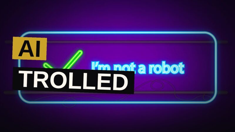 A robot hand points at a laptop showing a CAPTCHA image of a crocodile, with a glowing red eye.
