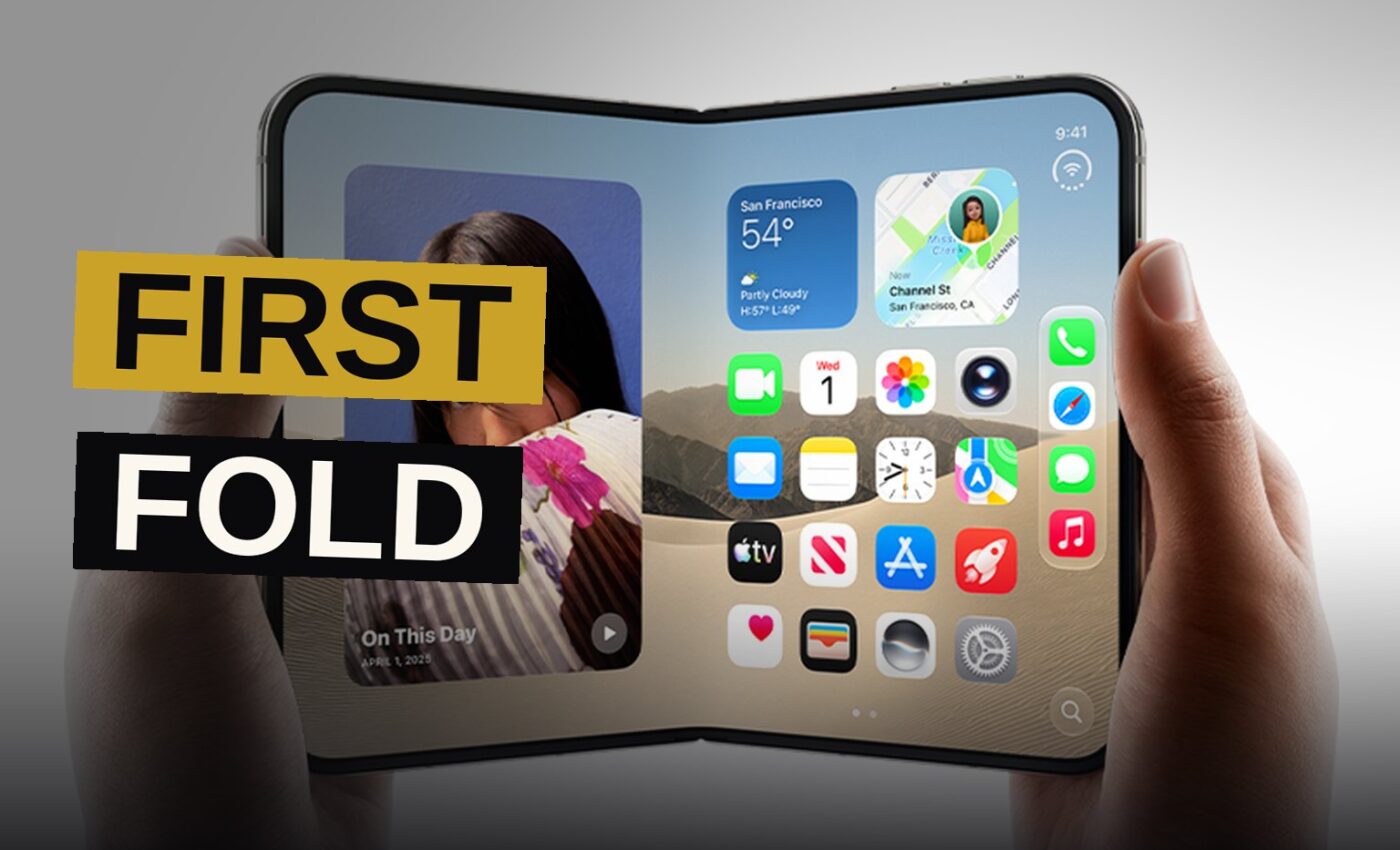 A foldable iPhone Duo shown partially open, revealing its large inner display and titanium hinge.