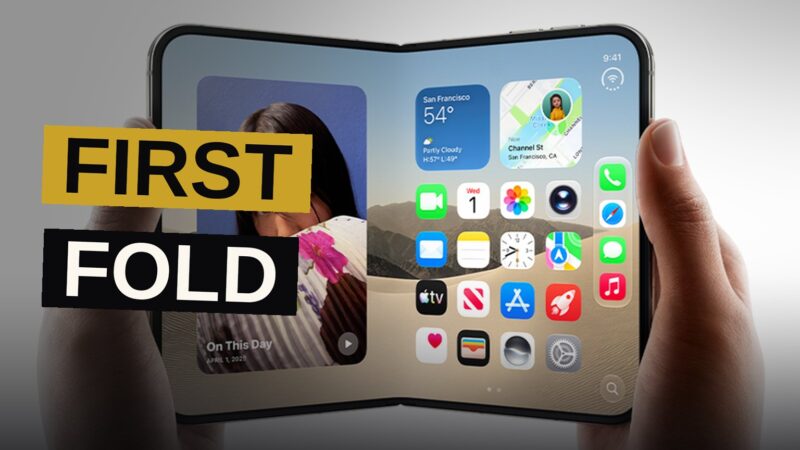 A foldable iPhone Duo shown partially open, revealing its large inner display and titanium hinge.