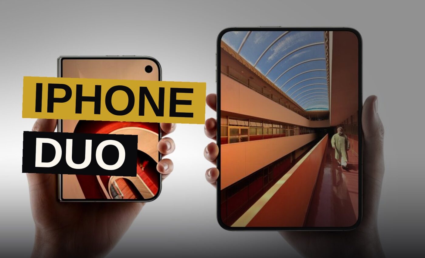 A foldable smartphone stands slightly open on a dark reflective surface under studio lighting.