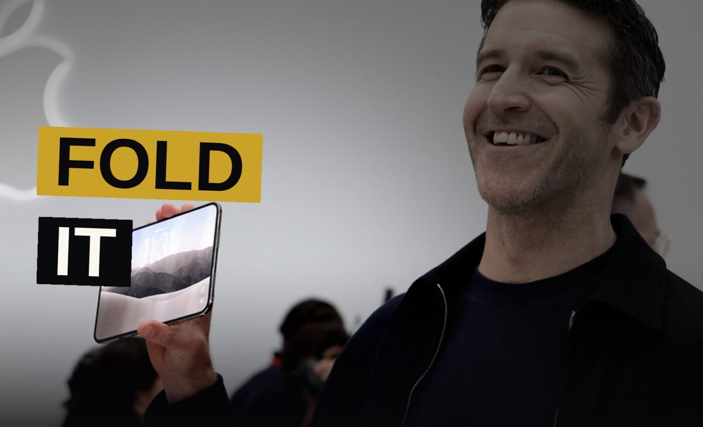A hand holding an open foldable smartphone with a large bright display.