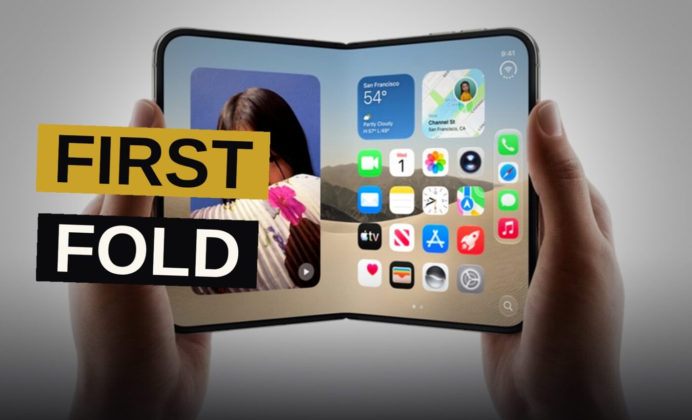 The new foldable iPhone Duo shown partially open, revealing both its inner and outer displays.