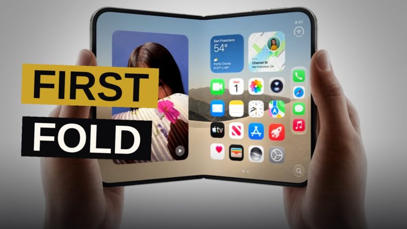 The new foldable iPhone Duo shown partially open, revealing both its inner and outer displays.