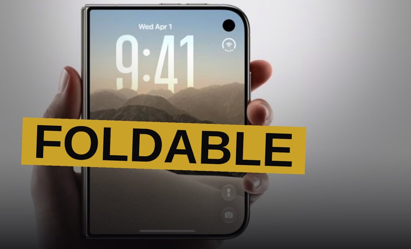 A foldable iPhone Duo is shown half-open on a clean studio surface, displaying a colorful home screen.