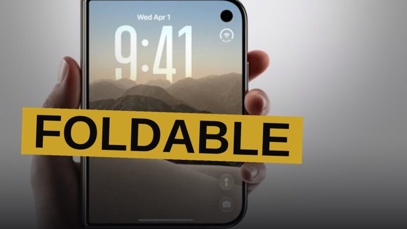A foldable iPhone Duo is shown half-open on a clean studio surface, displaying a colorful home screen.