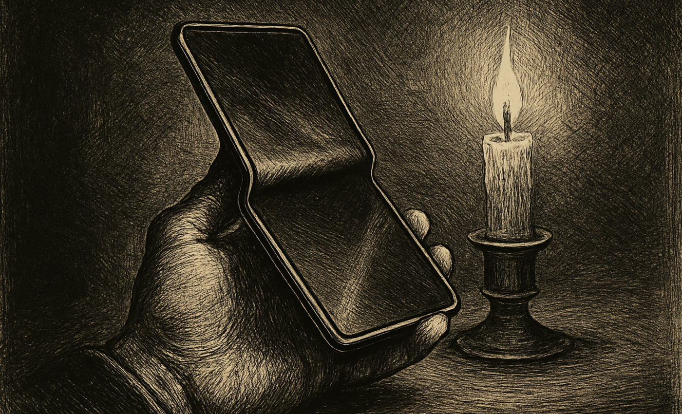A hand holding a modern smartphone bent in half, with a glowing display and dark background.