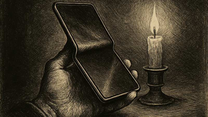 A hand holding a modern smartphone bent in half, with a glowing display and dark background.