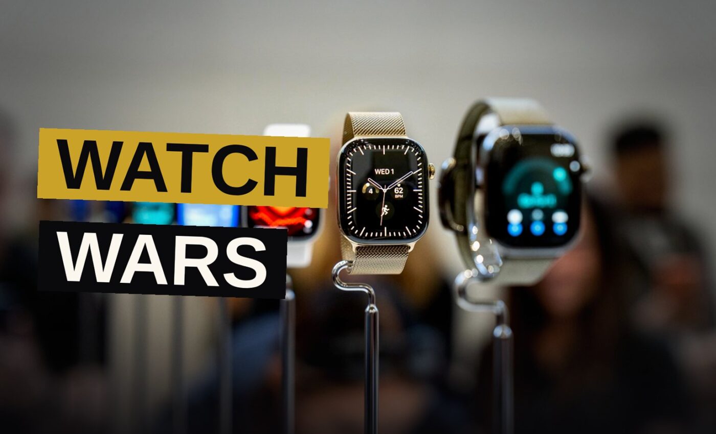 Two modern smartwatches, one with a white ceramic case and one with a dark titanium case, displayed side by side on a neutral background.