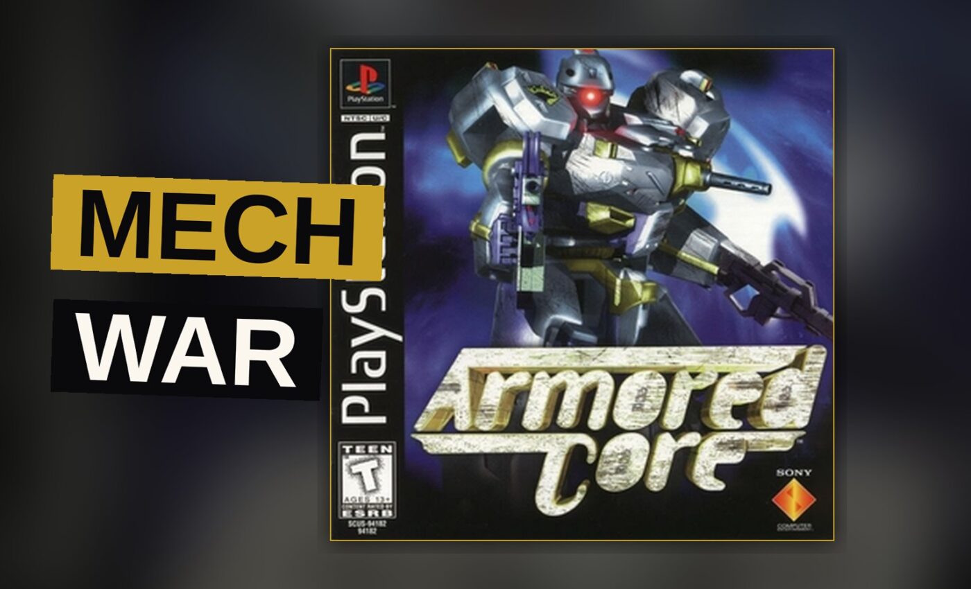 A towering armored mech stands ready for battle amid a ruined battlefield.