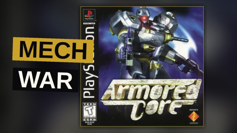 A towering armored mech stands ready for battle amid a ruined battlefield.
