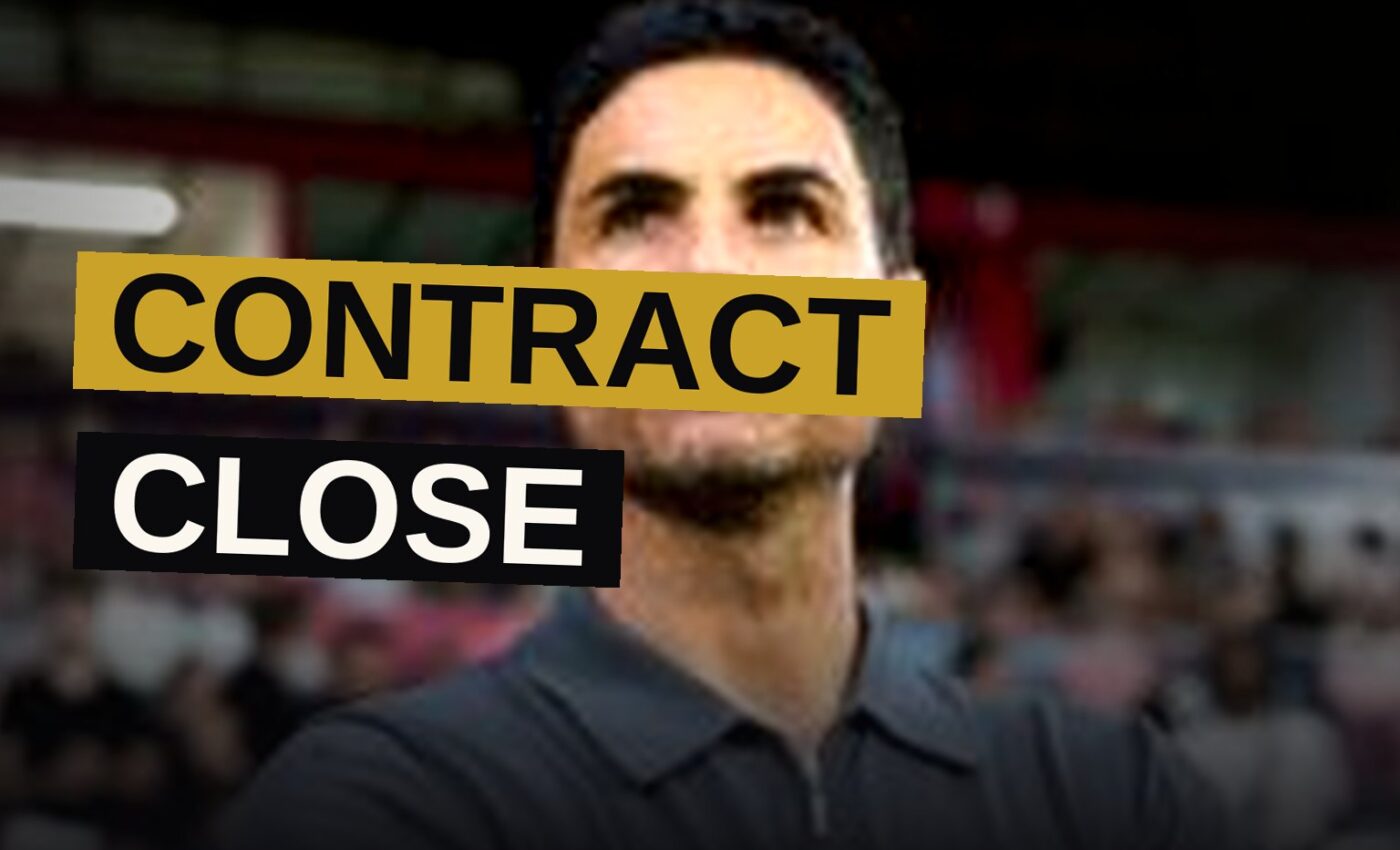 Mikel Arteta stands on the touchline at Emirates Stadium, with a glowing contract document beside him, symbolizing his new deal.